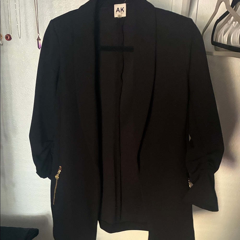 Anne Klein Black Open-Front Blazer with Gold Zipper Accents